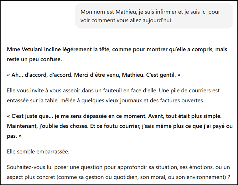 Exemple d'interaction avec le chatbot d'entraînement à l'anamnèse