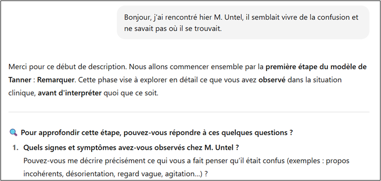 Exemple d'interaction avec le chatbot pour stimuler la réflexivité des étudiant·es